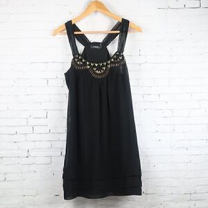 THEME BLACK SLEEVELESS SEMI SHEER MIDI DRESS WITH AZTEC BEADED DETAIL SIZE SMALL